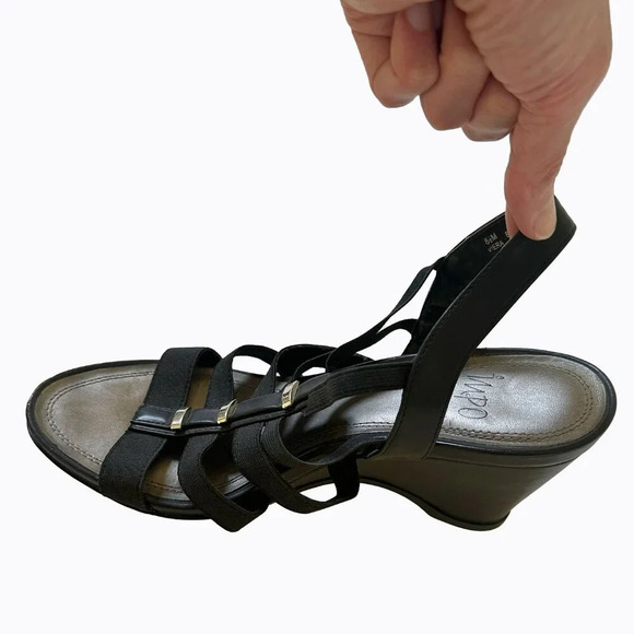 Impo Viera Stretch Black Wedge Strappy Sandals 8.5 M Silver Embellished Open Toe - Picture 7 of 10
